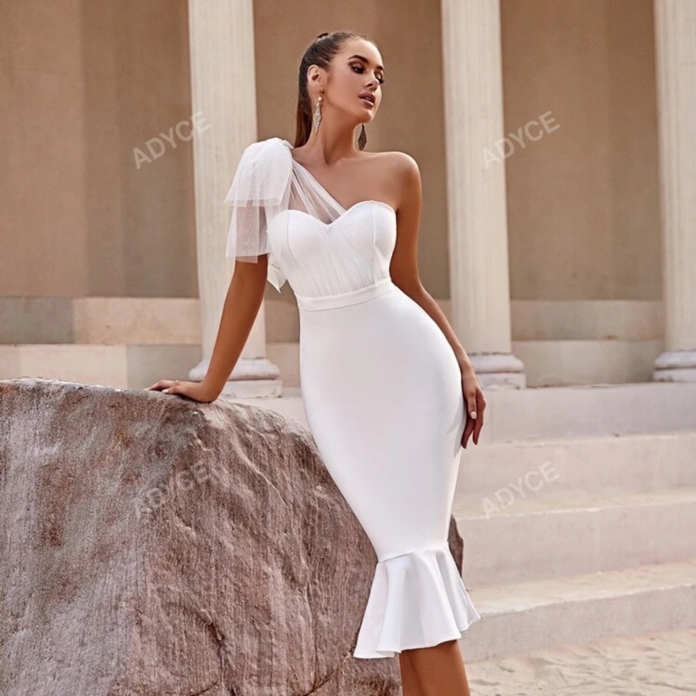 White bandage dress with bow shoulder